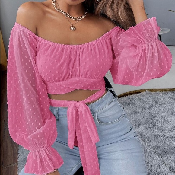 SHEIN Tops - SHEIN Privé Pink Swiss Dot Off-the-Shoulder Crop Top - Size Small